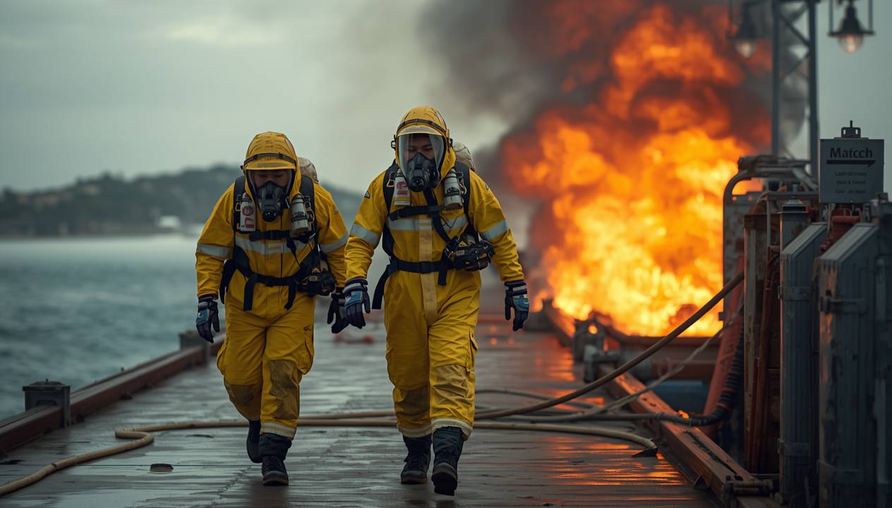 Emergency response team members in protective gear approaching a live fire scenario