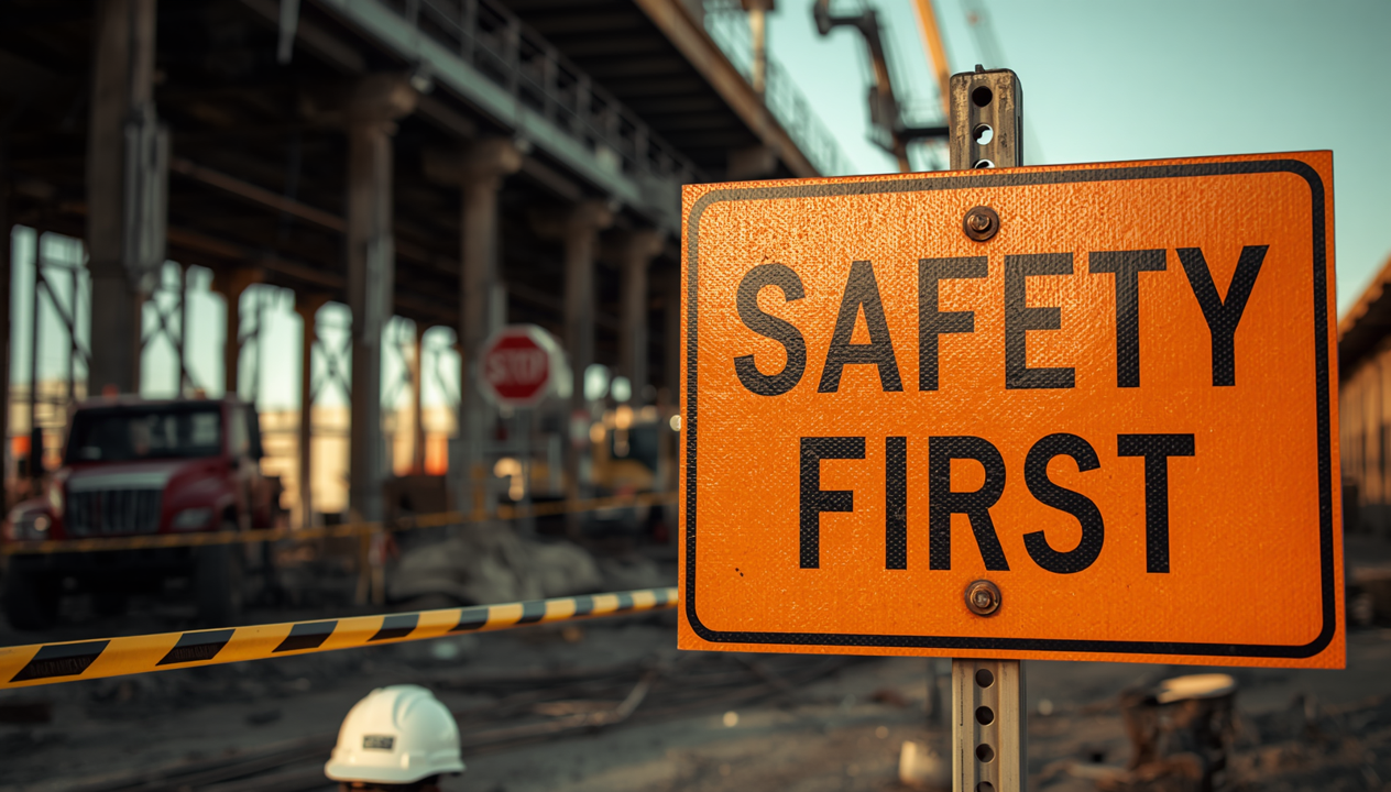 Safety first sign in an industrial work area
