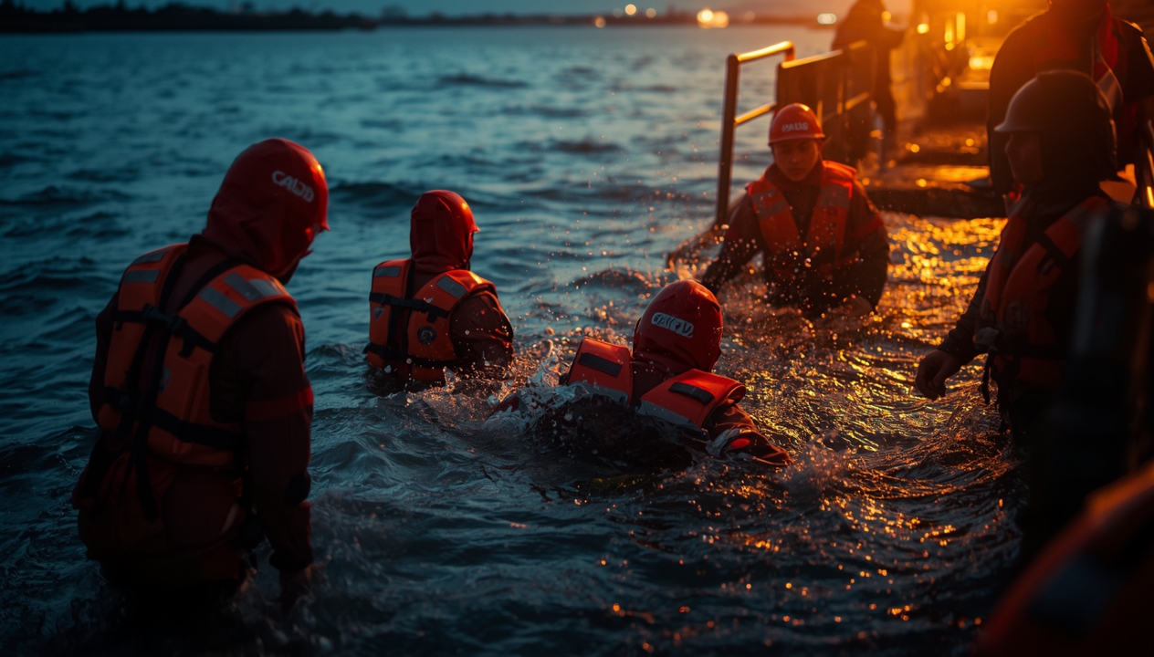 Water survival and rescue training at sea